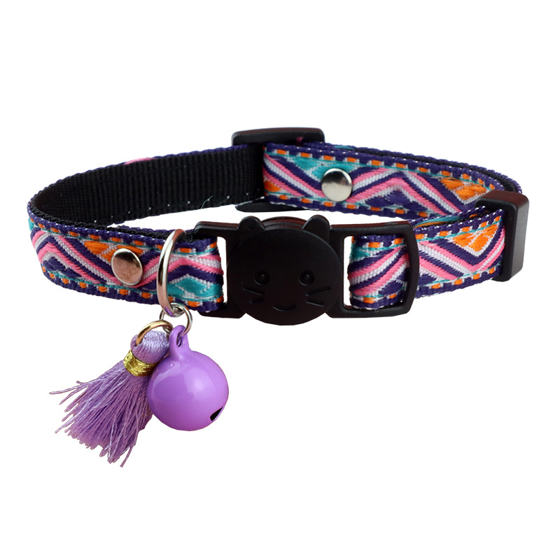 Polyester Pet Collar Adjustable Cat Collar with Tassel and Bell Decoration Colorful Check Jacquard Pattern Collar for Cats & Dog