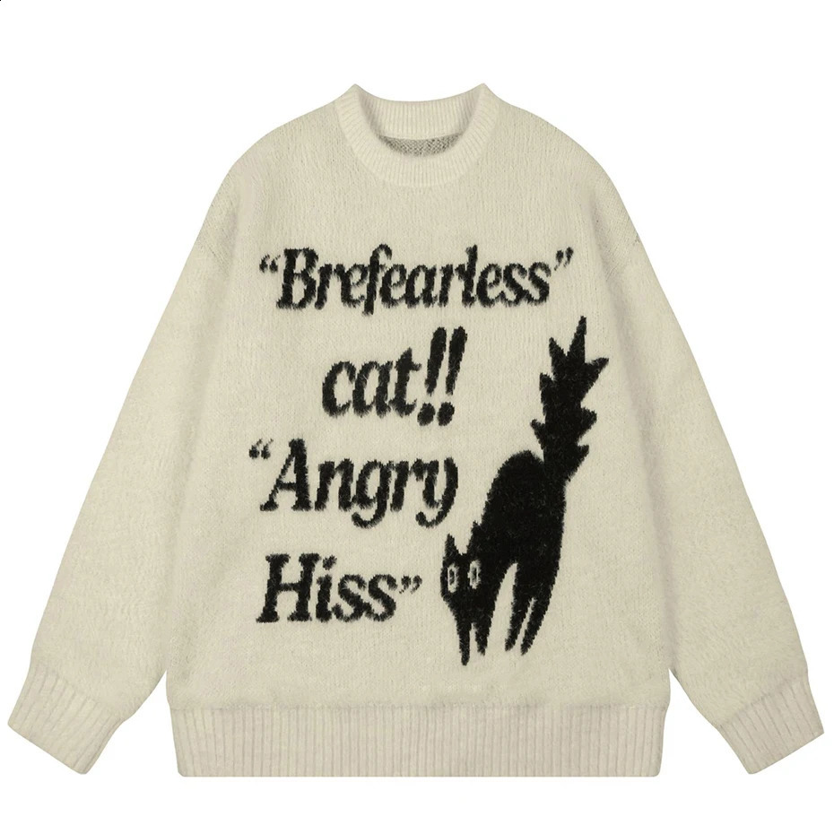 Cats Graphic Sweaters Mens Street Clothing Hip Hop Oversized Harajuku Sweater Black Beige Loose Pullover Sweater Knitted Jumper Y2K 240829