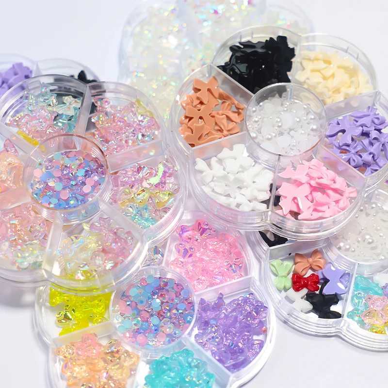 7-grid bow mixed style ribbon nail art decoration pink fairy aurora bear pearl bead design DIY professional accessories W240829