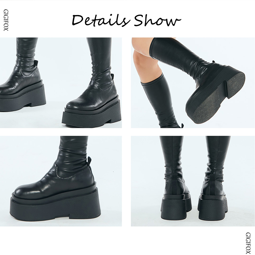 GIGIFOX Gothic Platform High Shoes For Women Halloween Combat Motorcycle Black Punk Chunky Long Design Boots