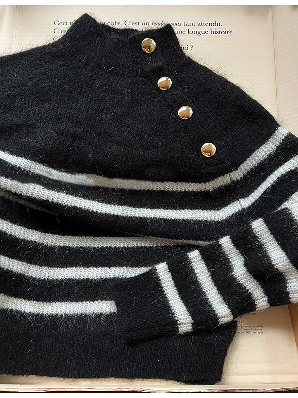 ZESSAM Stripe Jacquard Knit Pullover Half Turtleneck Long Sleeve Button Loose Female Sweater Casual Cozy Lady Top 240827