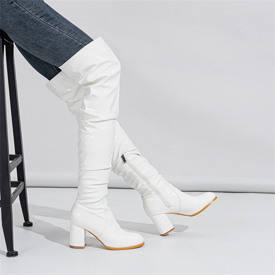 Women's Thigh High Boots Black Red Patent Leather Over The Knee Boots Round Toe Zippers Ladies Square Heel Sexy Party Long Shoes