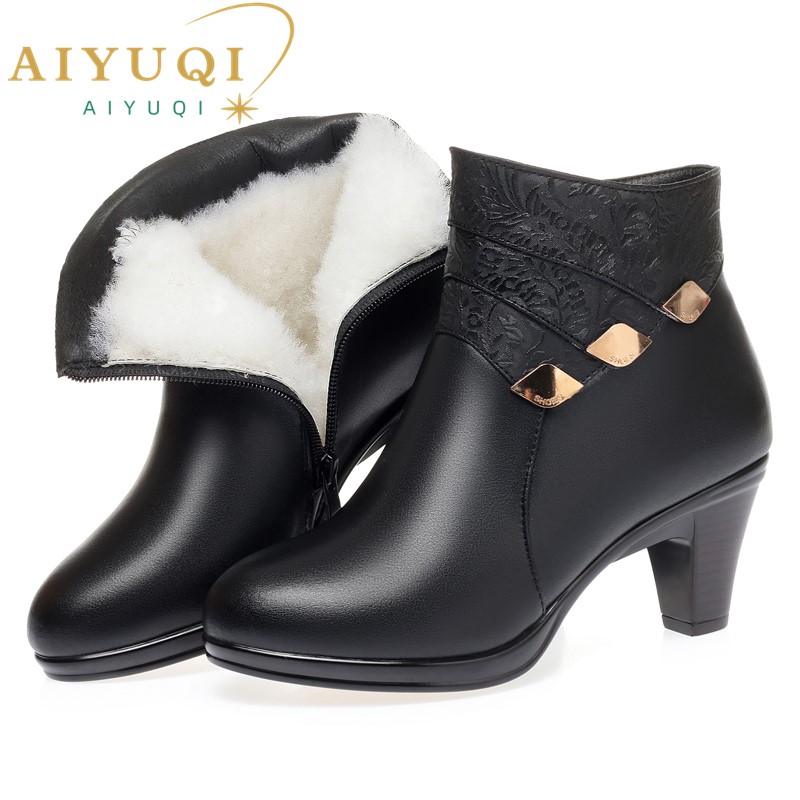 Winter AIYUQI 2024 New Genuine Leather Dress Women Fashion Mid-heel Wool Warm Women's Ankle Boots 08d1 's