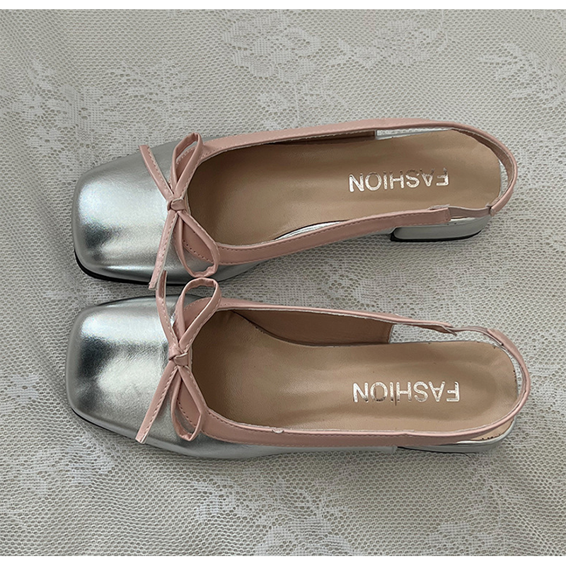 Low Heel hot Slip-on Square Toe Ballet Flats for Women - Comfortable Sliver Boat Shoes with Bow