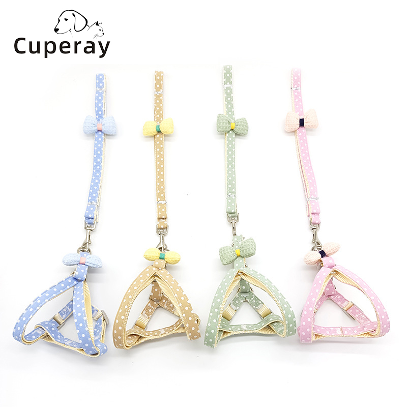 Adjustable Dog Collar and Leash Set with Polka Dot Print & Bow Embellishment Pet Chest Harness Pet Supplies for Puppies and Cats