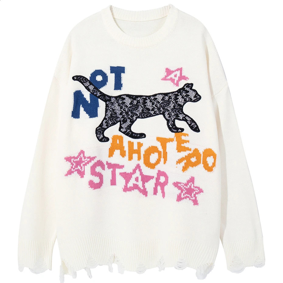 Hip Hop Mens Sweater Cat Letter Graphic Oversized Pullover Sweater Knitted Jumper Harajuku Street Clothing Black Loose Sweater 240829