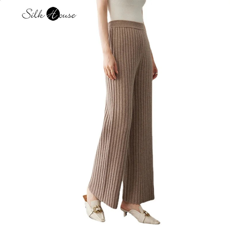 Womens fashionable autumn and winter cashmere wide leg pants 7needle double rope thick knitted straight 240827