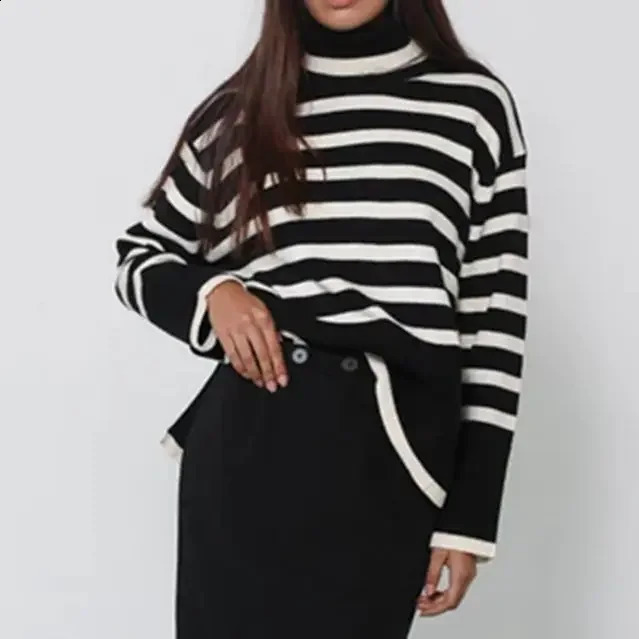 Fashionable Polo Turtle Neck Flare Sleeve Black White Stripe Knit Pullover Sweater Thickened Streetwear For Men Women 240829