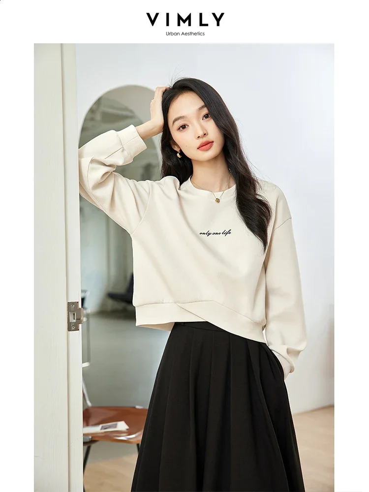 Vimly Womens Sweater Autumn Irregular Loose Floral Letter Printing Embroidery Short Simple Version Top M8313 240827