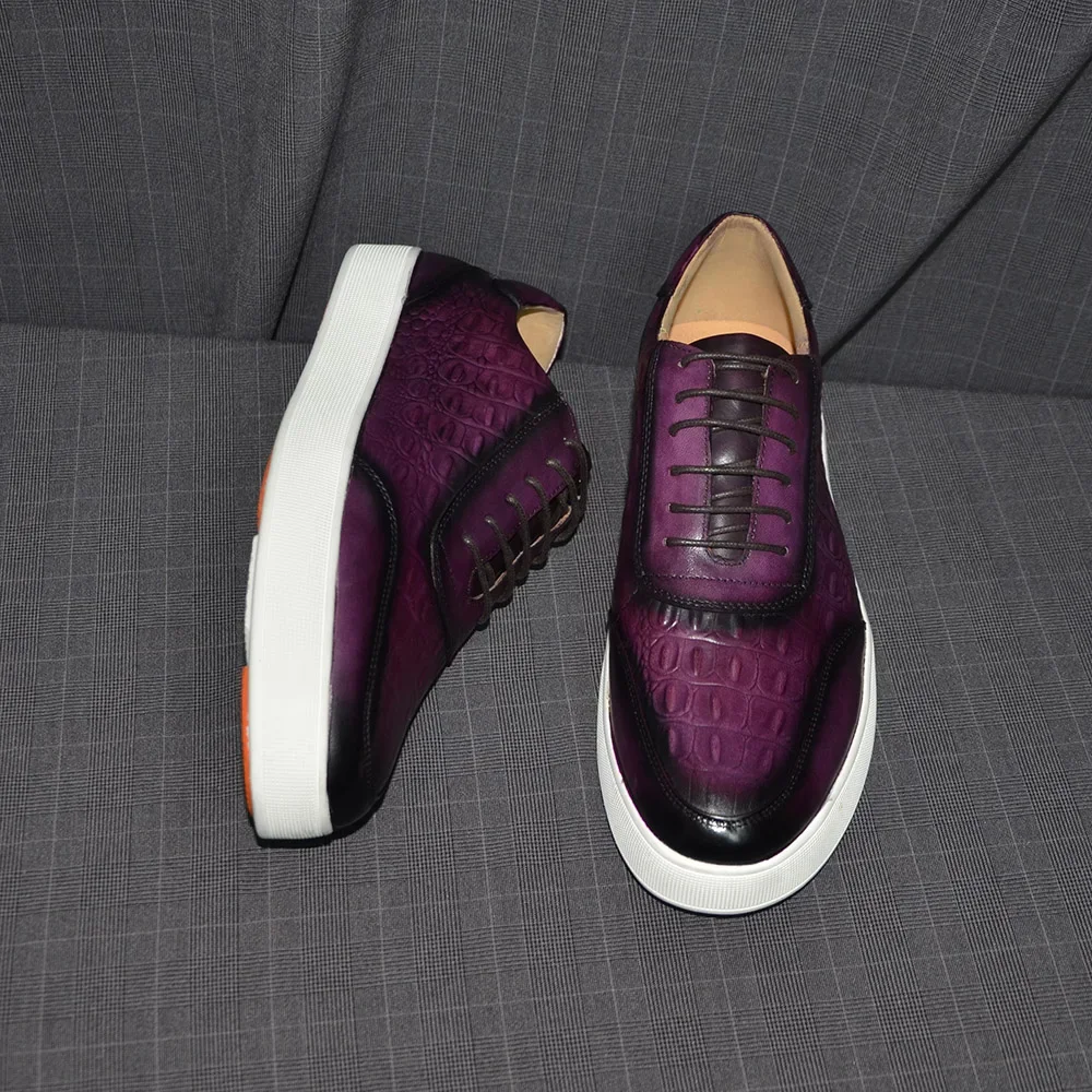 4 Colors Men's Casual Shoes Genuine Leather British Flat Sneakers Lace-up Crocodile Pattern Best Quality Oxford Shoes for Men