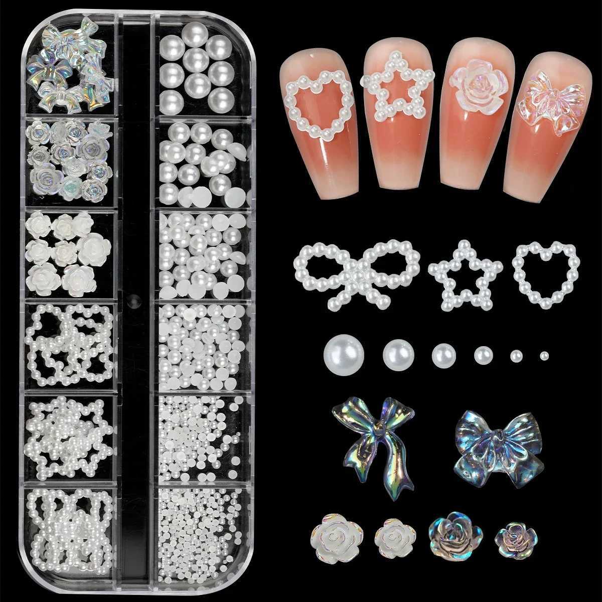 12 Grid Resin 3D Nail Art Charm Camellia Rose Heart Star Pearl Accessories DIY Bow Decoration Box W240829