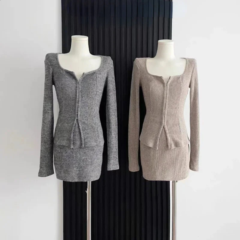Autumn Sexy 2 Piece Dress Set Elegan Casual Long Sleeve Knitted Suits Y2k Crop Tops Bodycon High Waist Mini Skirt Korean