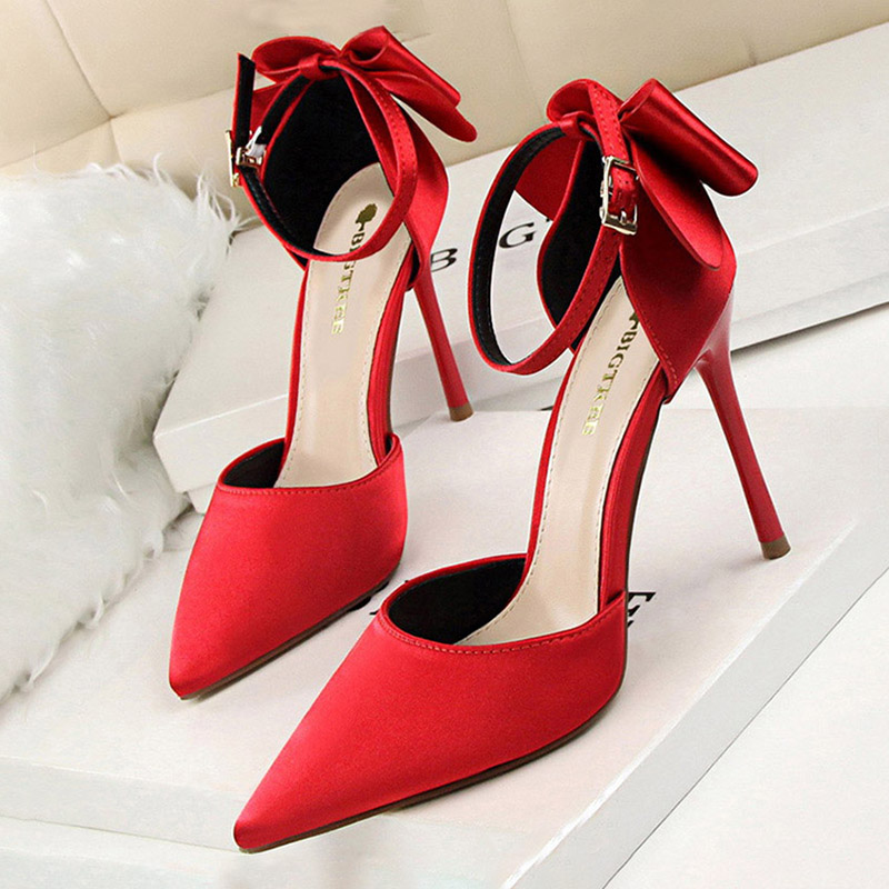 BIGTREE Bow Woman Pumps Silk High Stiletto Red Wedding Shoes Heels Women Sandals 8cm and 10cm
