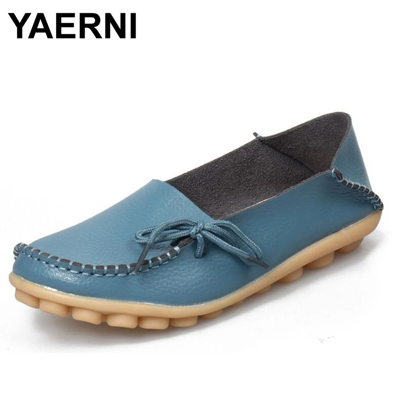YAERNI women shoes leather Loafers mother casual fashion slip-on girls shoes breathable comfortable woman Dress Solid flats