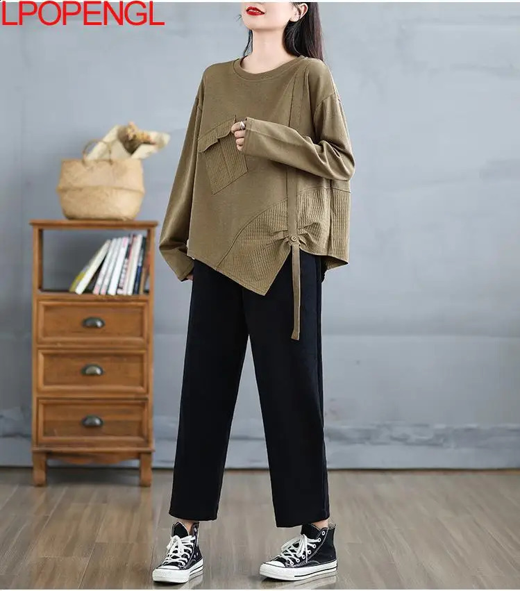 Fashionable womens Korean solid color irregular long sleeved sportswear Tshirt autumn edition loose zipper Oneck retro top 240827