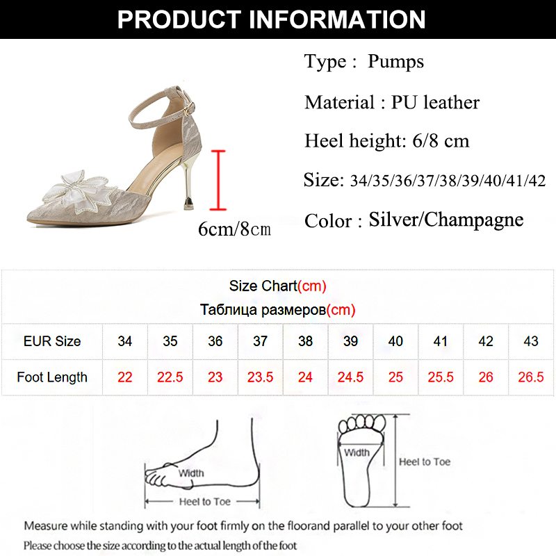 Elegant Sier High Heels Pumps Women 2023 Autumn Plus Size 42 Ankle Straps Party Woman Pointed Toe Bowtie Wedding Shoes