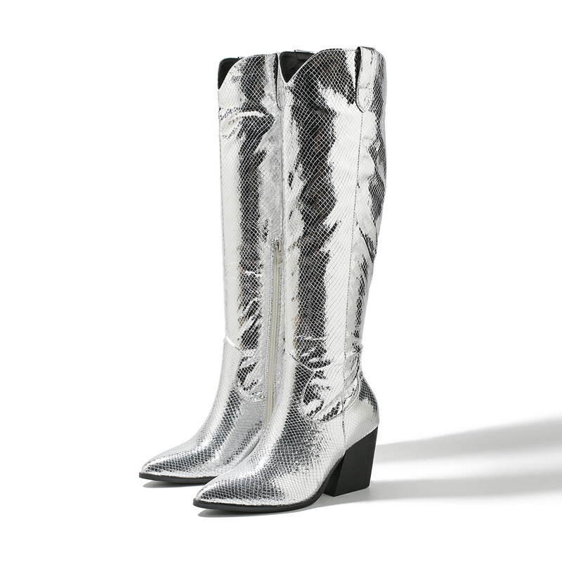 Metallic Cowboy Woman Western For Women High Boots Zip Embroidered Pointed Toe Low Heel Female Shoes Big Size 35-43