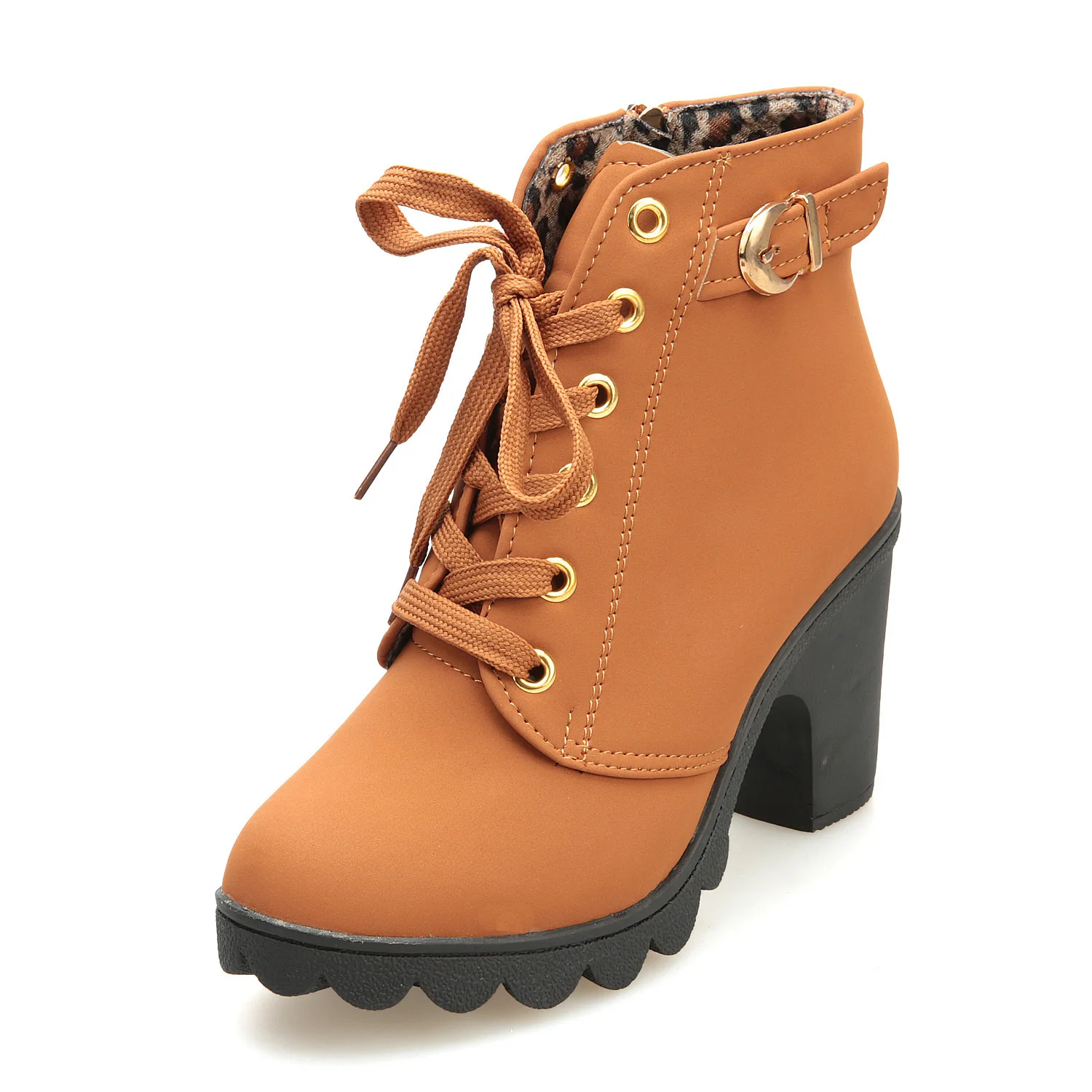 Women Fashion High Heel Lace Up Ankle Boots Ladies Buckle Platform Artificial Leather Shoes bota feminina2021