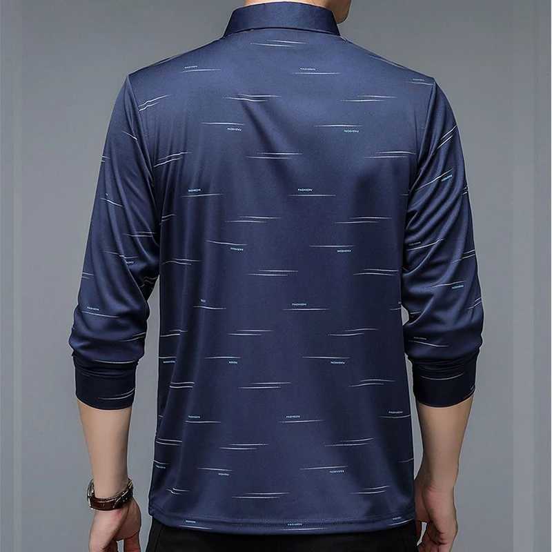Mens Polo Long Sleeve T-shirt Printed Spring/Autumn T-shirt Loose Bottom Casual Business Clothing Fashion Button Top W240828