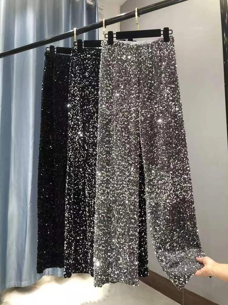 Circyy Y2k Womens Elastic Waist Shining Wide Leg Trouser Full Length Straight High Street Fashion 240827