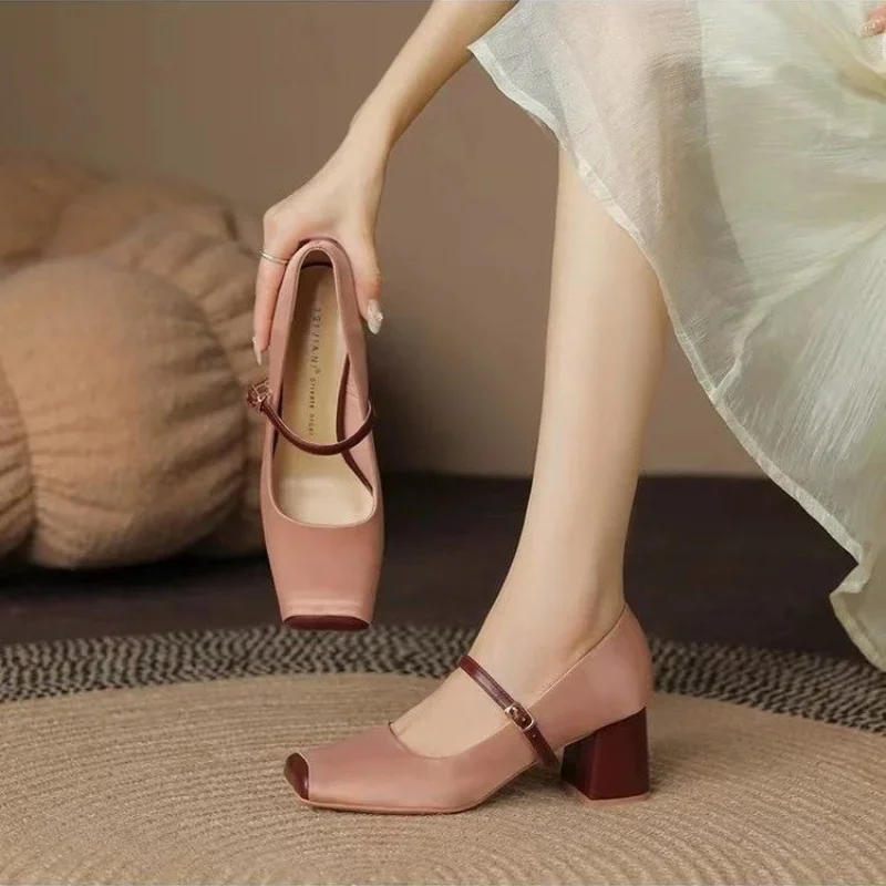 2025 NEW Spring Women Mary Jane Autumn Fashion Toe Shallow Ladies Elegant Dress Single Leather Shoes Square Heel Pump ac