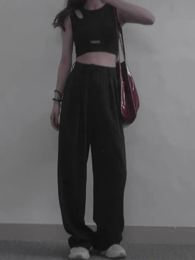 Y2K retro black and white striped high waist wide leg pants for women pleated front loose Korean mens 240827