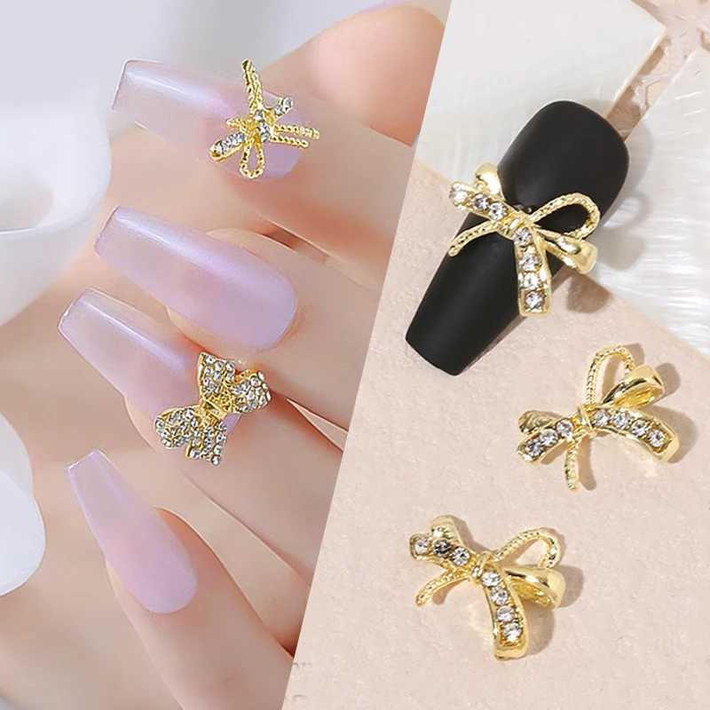 1 silver gold metal shiny bow star shaped nail charm 3D rhinestone nail decoration accessory tip DIY W240829