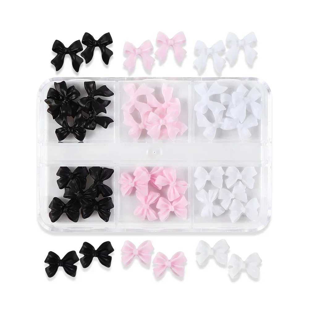 6 Grid Pink White Ribbon Bow Nail Charm Korean Accessories Black Nail Art Tie Decoration Kawaii Accessories Handmade Design Supplies W240829