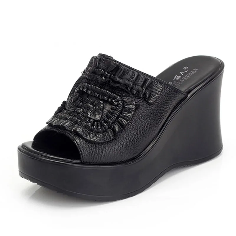 YAERNI Genuine Leather Women Sandals Shoes Woman Summer Wedge Sandals Women Color Block Decoration Sandals Mother Shoes Plus