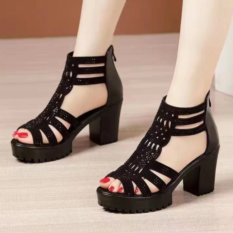 Women's Chunky Heel Shoes 2023 Summer Roman Open Toe Platform Heeled Shoes for Women Office Ladies High Heel Shoes Female Pumps