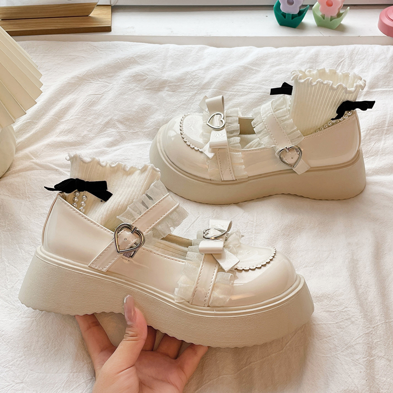Zoki Sweet Lace Bowknot Lolita Shoes: Cute 2024 Heart Buckle Platform Mary Janes with Thick Non-Slip Sole for Women