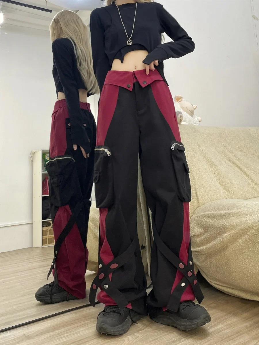 American girl Y2K cargo pants womens casual top cool cross ribbon straight sports loose Trouser women 240827
