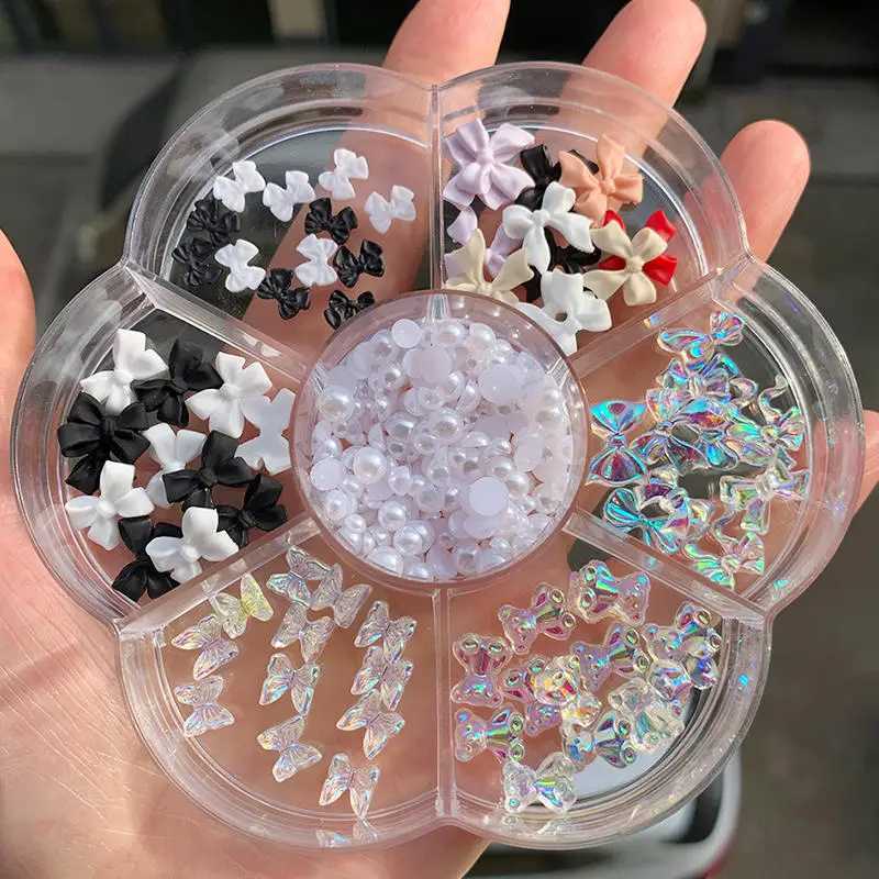 7-grid mixed style butterfly bear nail rhinestone 3D aurora sparkling crystal nail decoration DIY Christmas box handicraft supplies W240829