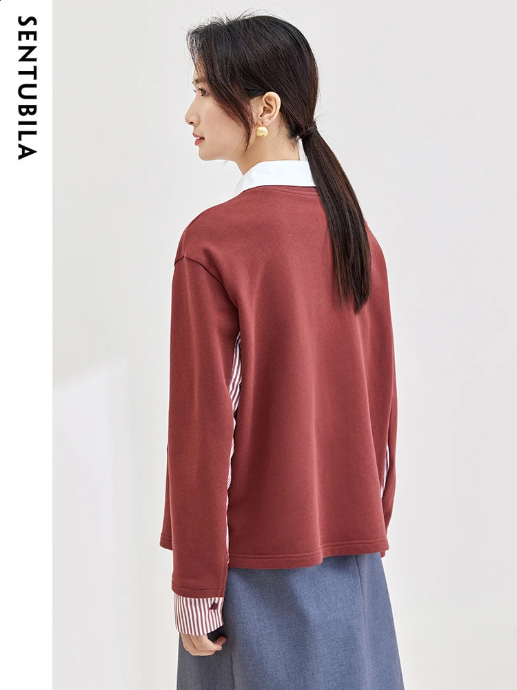 SENTUBILA 100% pure cotton Crewneck patch work sweater womens fashionable casual long sleeved letter embroidered top 133A51289 240827
