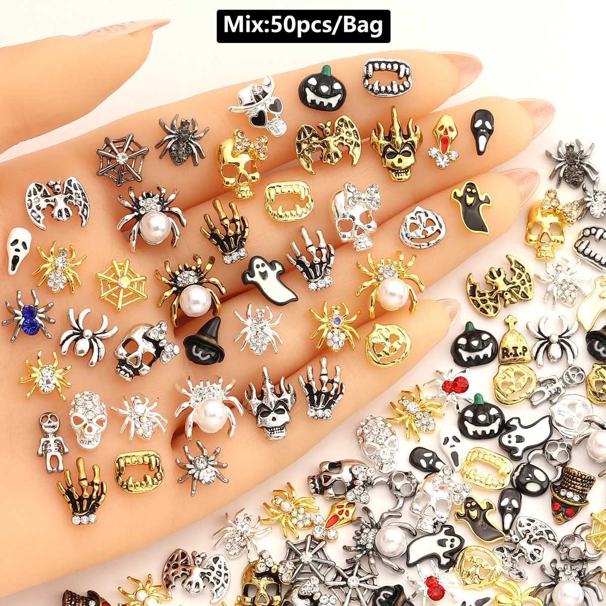 50 pieces/bag 3D luxury metal nail art decoration alloy shiny rhinestone pearl gemstone zircon diamond charm DIY nail accessories W240829