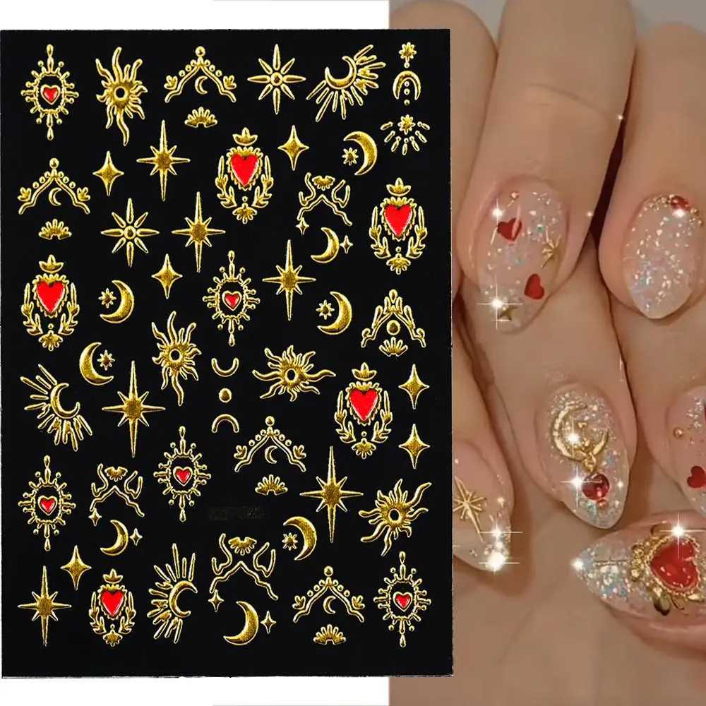 1/4 Bronze Love Heart Star Moon Nail Art Stickers 5d Embossed Adhesive Gold Irregular Lines Geometric Valentines Day Stickers W240829