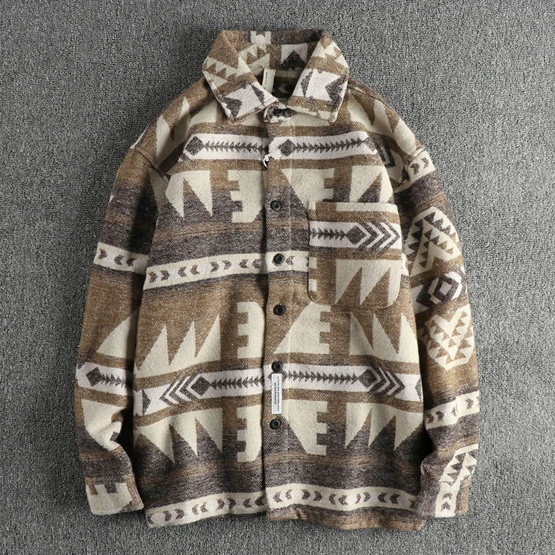 Heavy duty retro tribal pattern wool fabric long sleeved shirt mens autumn and winter thick warm American casual jacket 240829
