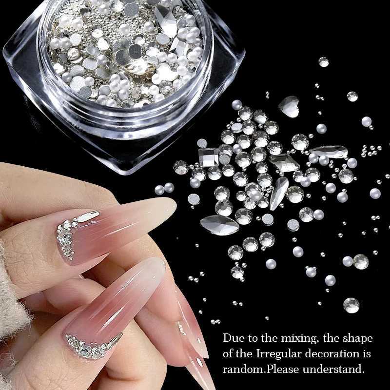 3D nail rhinestone white pearl mixed size transparent glass bead flat back gemstone metal stud accessory W240829