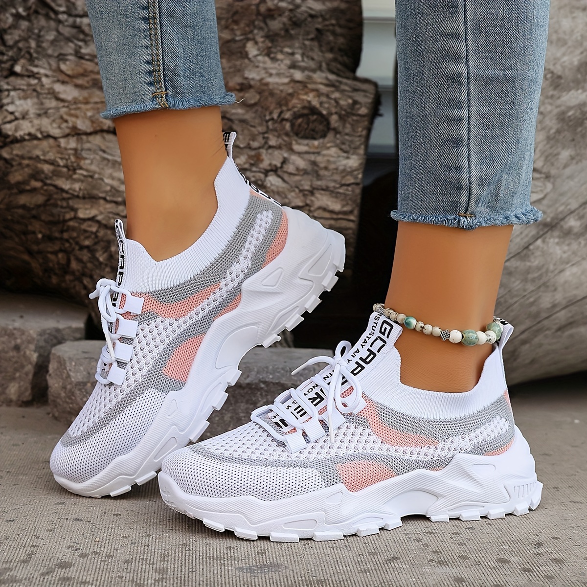 Womens Breathable Low Top Colorblock Knitted Sneakers - Soft Fabric Upper, Superfine Fiber Insole, PVC Sole, Lace Up Closure, Comfy for Outdoor Sports