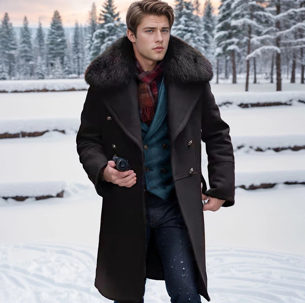 Mens autumn and winter casual wool coat double-layer high-quality fur collar medium length windproof 240912