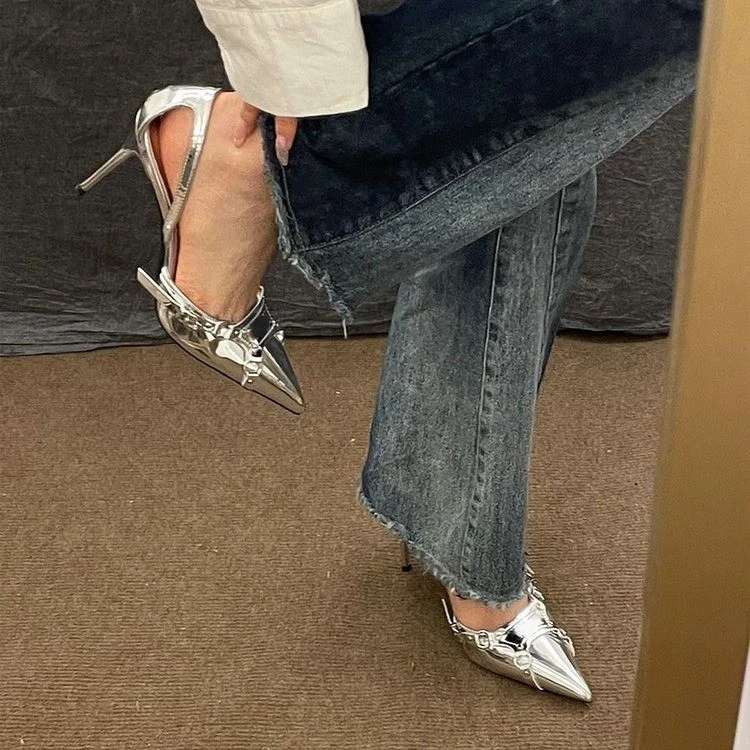 New New Sier Rivet Pointed Sexy Buckle Lady Patent Leather Cover Toe Sandals Women Sgback Shoes Dress Design 6af6