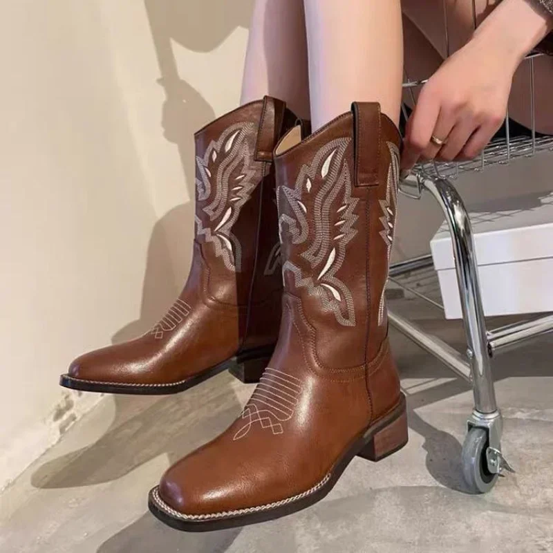 Women Retro Mid Calf Western Cowboy Motorcycle Female Autumn Embroidered Square Toe Chunky Heel Fashion Design Brown Boots f63e