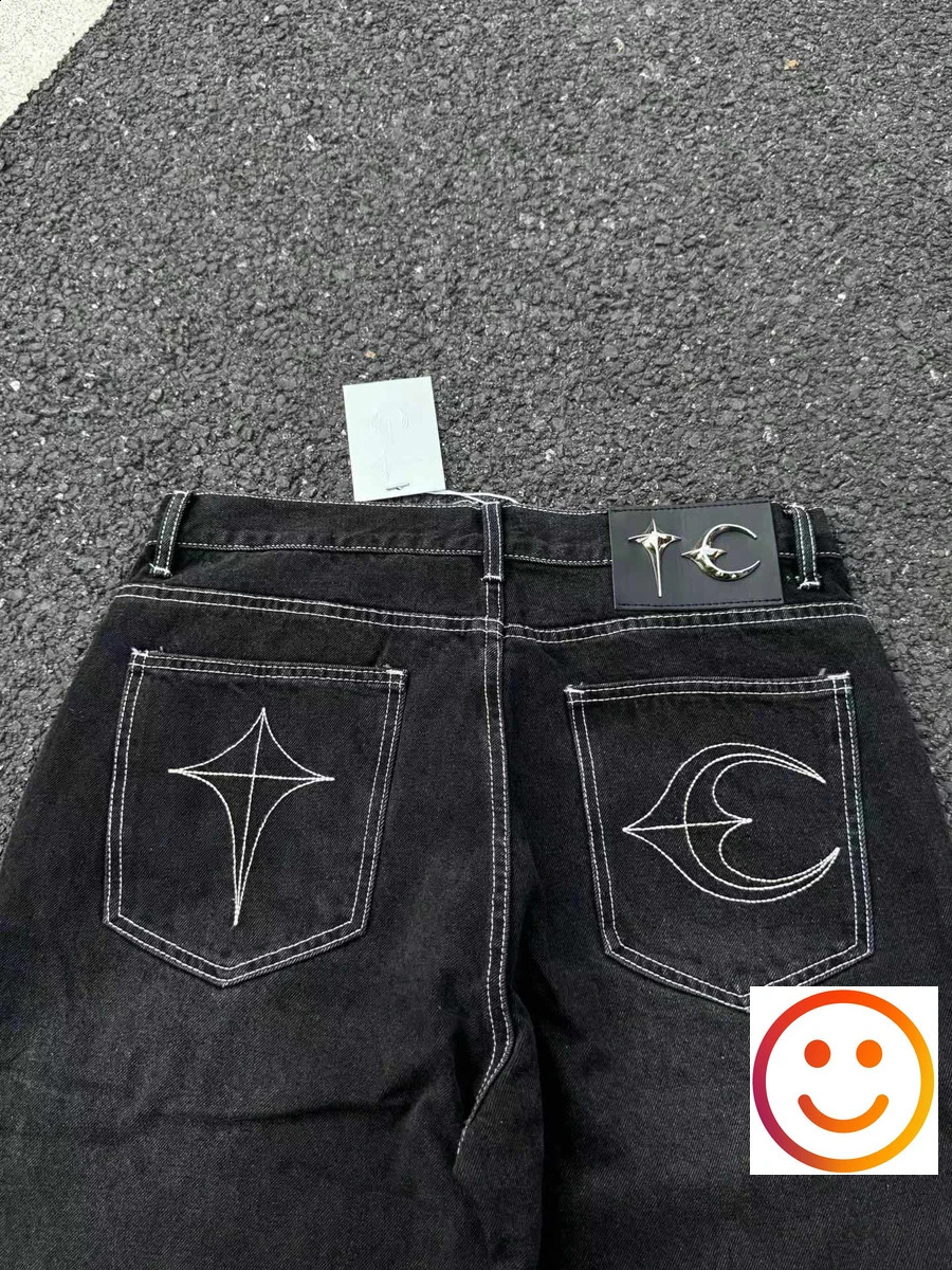Washed Thug Club Embroidery Root fringe straight jeans mens and womens hip-hop casual high-quality black loose denim jeans 240829