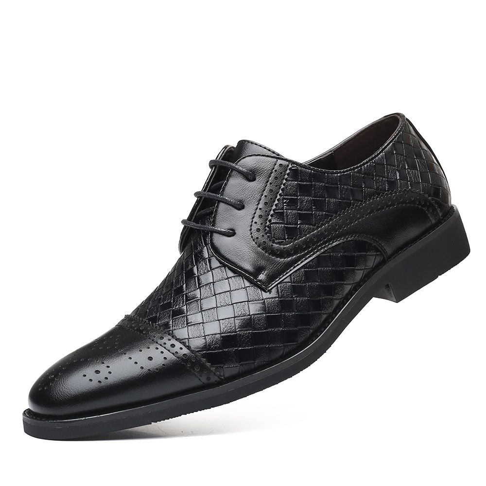 Men's Splicing Brogue Woven Grain Leather Dress Men Lace-Up Wedding Party Shoes Mens Business Office Oxfords Flats