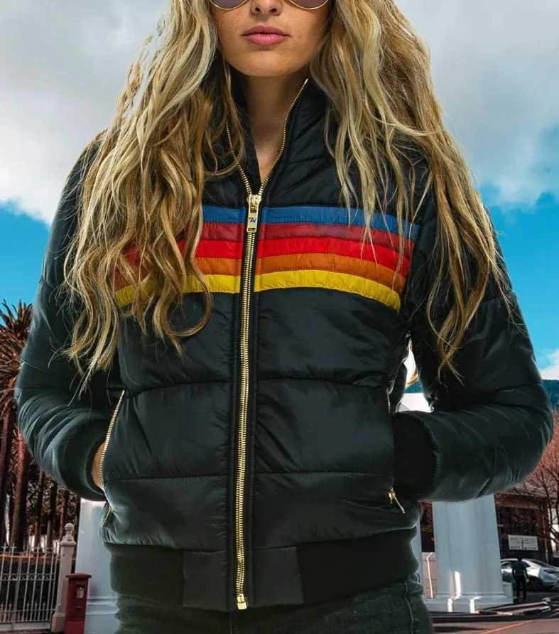 Women's Down Parkas 2024 Couples Fashion Rainbow Stripe Zipper Winter Jacket Man and Womens Casual Hooded Printed Short Cotton Jacket Y2408245ITB