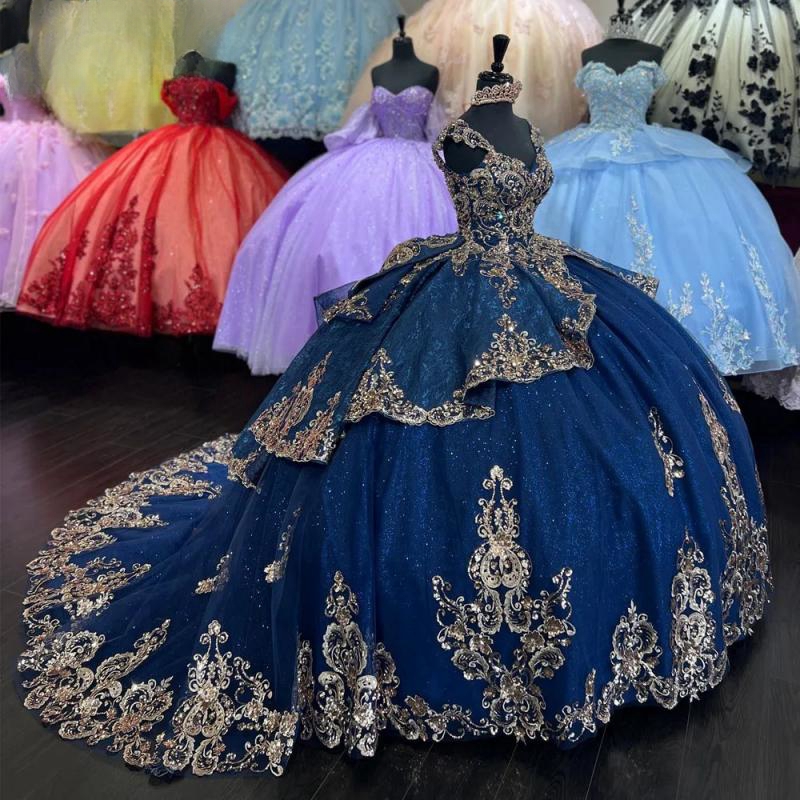 2024 Navy Blue Quinceanera Dresses Sweet 16 Year Puffy Ball Gown Lace Appliques Beads Tull Princess Gowns Vestidos De 15 Anos