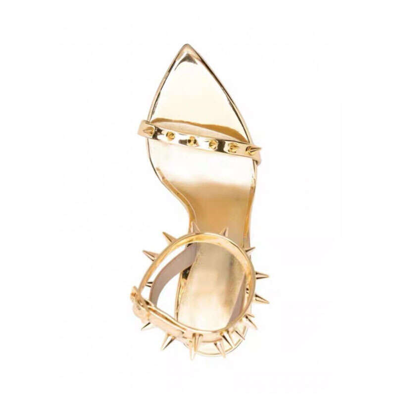 Arden Furtado 2024 Summer Women's Pointed Open Toe Rivets Chunky Heels High Heel Buckle Strap Sexy Gold Sandals Party Shoes
