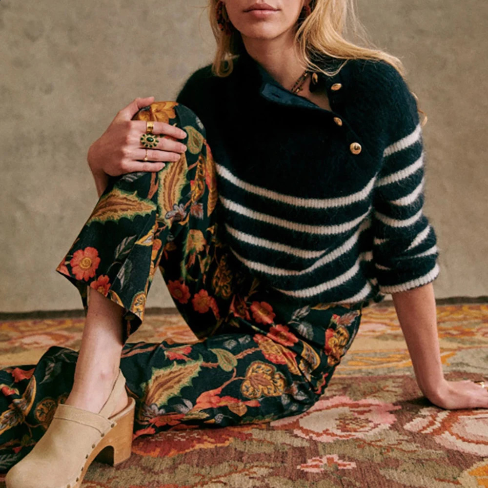 ZESSAM Stripe Jacquard Knit Pullover Half Turtleneck Long Sleeve Button Loose Female Sweater Casual Cozy Lady Top 240827