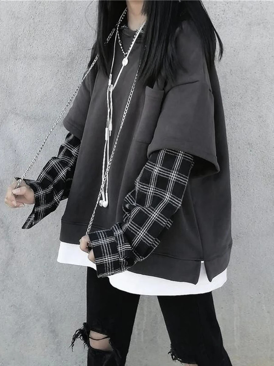 twopiece hoodie womens Harajuku plain weave sweatshirt Japan Kawaii casual zipper top gray oversized basic 240827