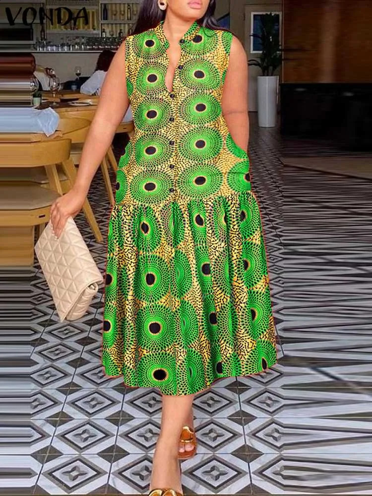 VODA Bohemian Long Sun Skirt Womens Printed Midi Dress 2024 Sleeveless Ruffle Party Tank Top Button Casual Loose Sun Skirt 240830